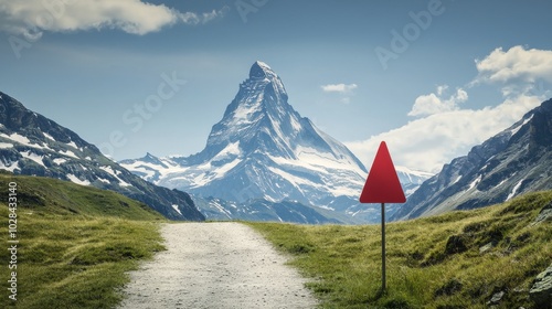 Mountain Path with Markers: A mountain trail with clear goalposts and realistic markers along the way, each sign highlighting a milestone