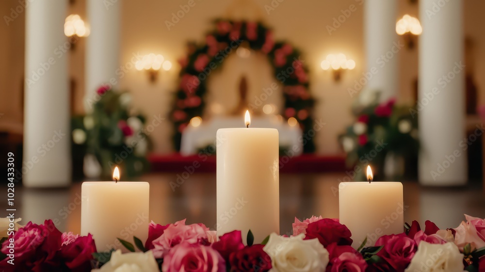 Candles Surrounding a Floral-Adorned Altar, Evoking a Spiritual and Sacred Atmosphere Candles Surrounding a Floral-Adorned Altar, Evoking a Spiritual and Sacred Atmosphere