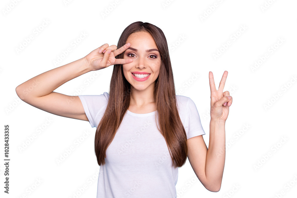 Portrait of her she nice-looking attractive lovely cheerful cheery funny straight-haired lady showing double v-sign event holiday isolated over bright vivid shine blue green teal turquoise background
