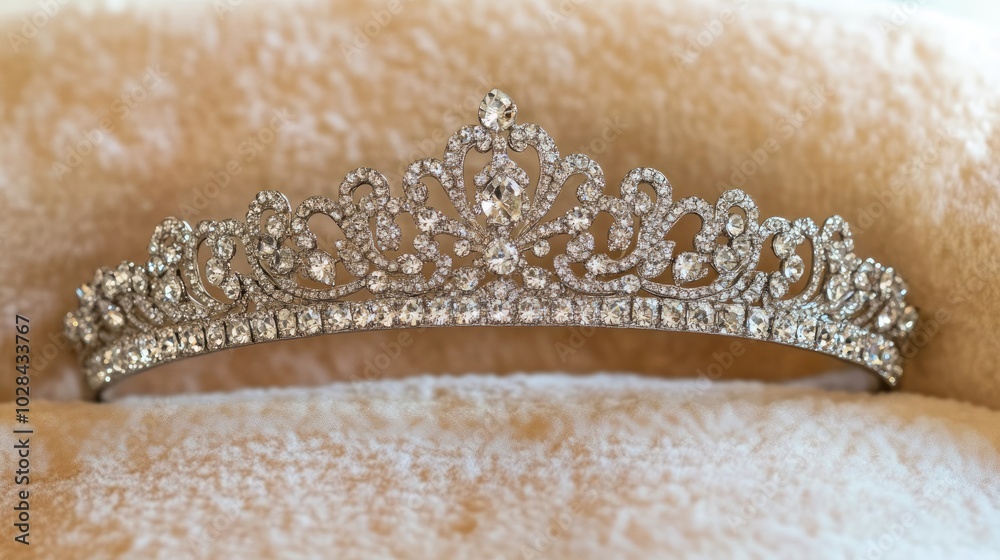 Obraz premium Elegant Silver Tiara with Sparkling Gems on Fabric