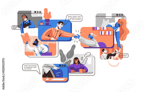 Employees converse by video conference. Friends talk by online call at digital meeting in internet. Concept of distance communication, remote work of team. Flat isolated vector illustration on white