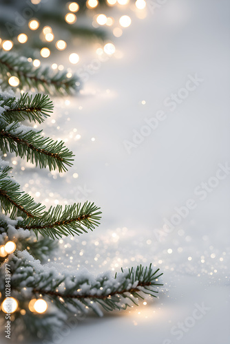 Christmas background with fir branches snow and lights