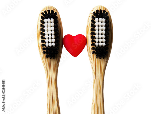 Two bamboo toothbrushes with black and white bristles, and a red heart, isolated on a white background. PNG transparent.