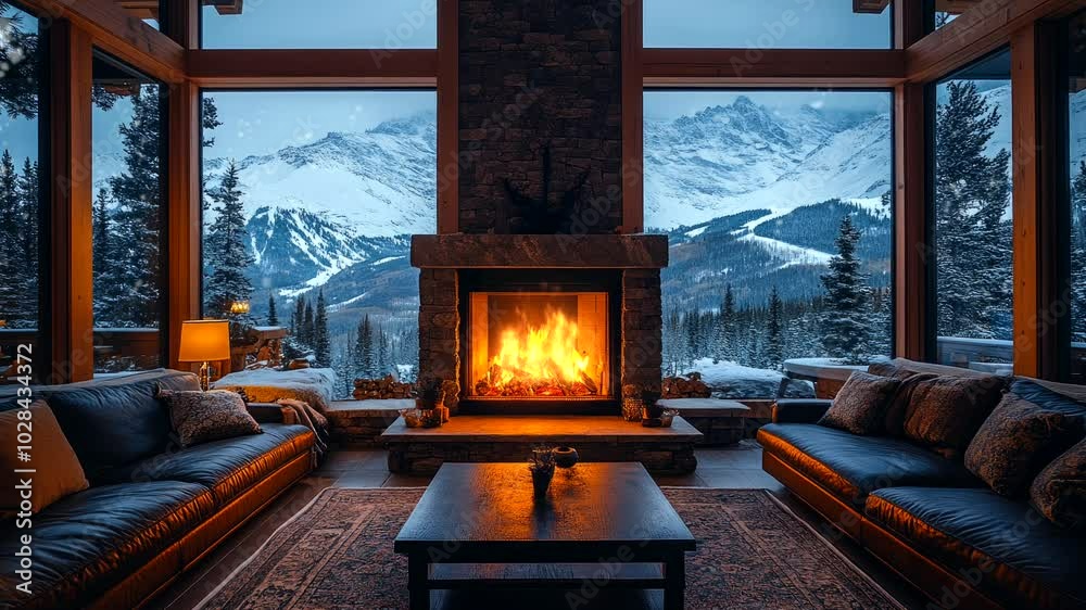 Cozy living room with a fireplace and mountain view in a snowy landscape.