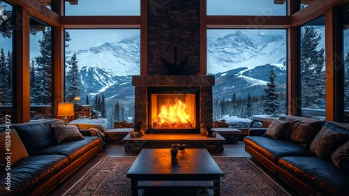 Cozy living room with a fireplace and mountain view in a snowy landscape.