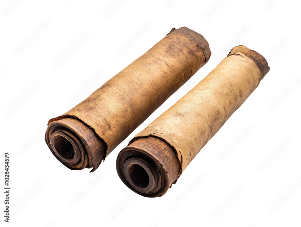 Two old, rolled-up scrolls with aged parchment texture, isolated on a white background. PNG transparent. Two old, rolled-up scrolls with aged parchment texture, isolated on a white background. PNG transparent.
