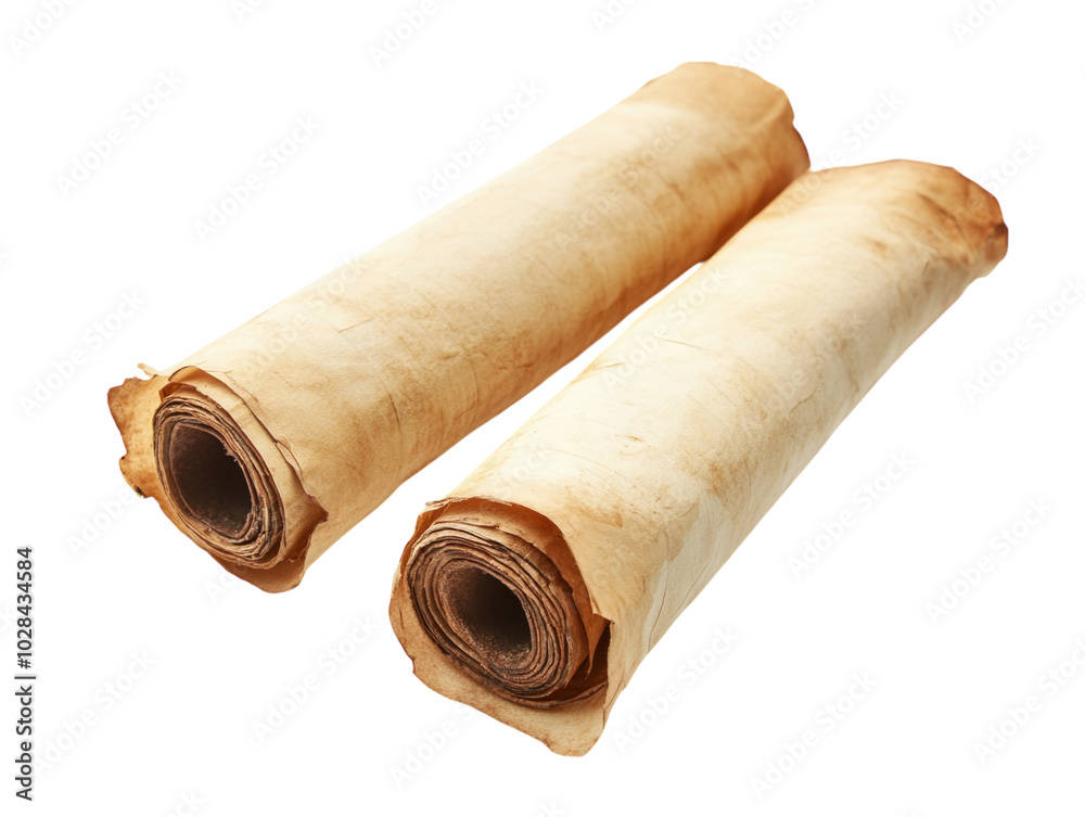 Fototapeta premium Two old, rolled-up scrolls with aged parchment texture, isolated on a white background. PNG transparent.