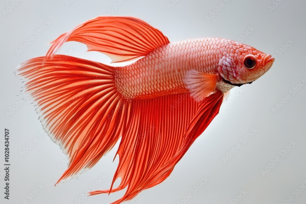 Fototapeta premium Betta Fish. Red Siamese Betta in Aquatic Environment, Isolated on White Background with Dragon-Like Fins