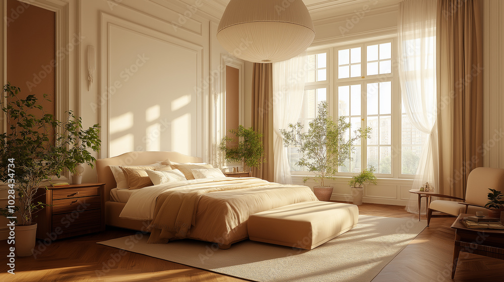 Fototapeta premium Nature-Inspired Bedroom with Floral and Elegant Art