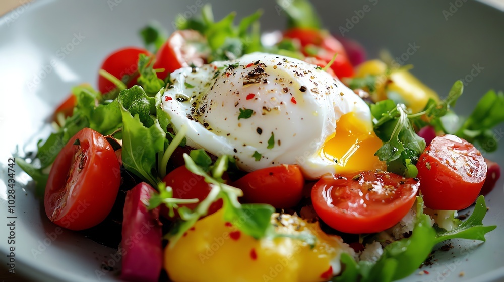 A poached egg on a bed of salad with cherry tomatoes and pepper. A poached egg on a bed of salad with cherry tomatoes and pepper.