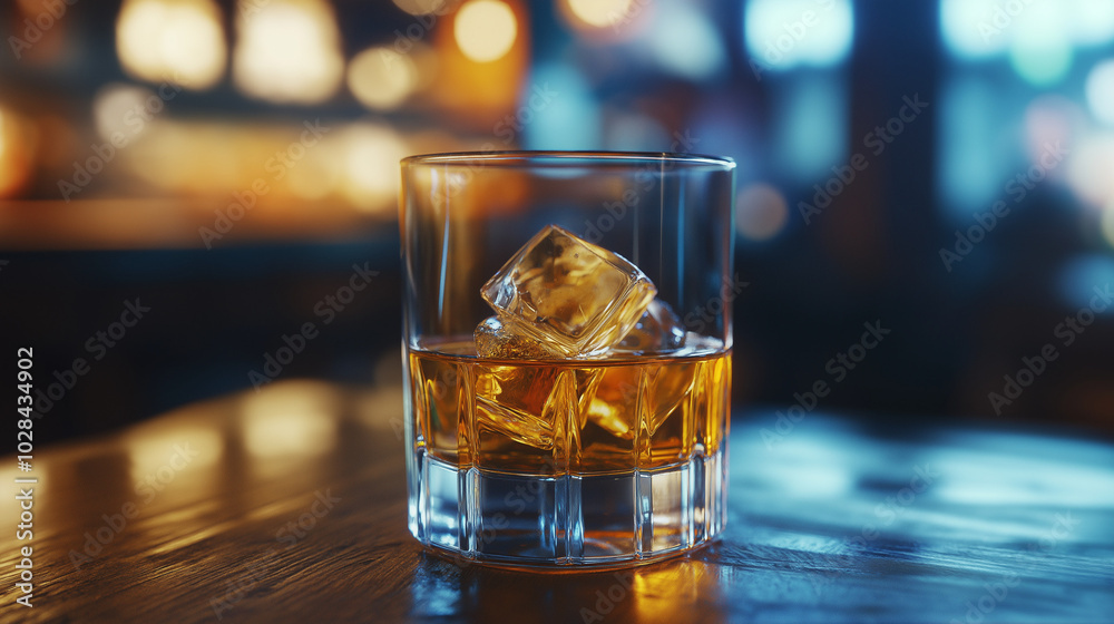 A glass of Irish whiskey with ice cubes placed on a dark wood table A glass of Irish whiskey with ice cubes placed on a dark wood table