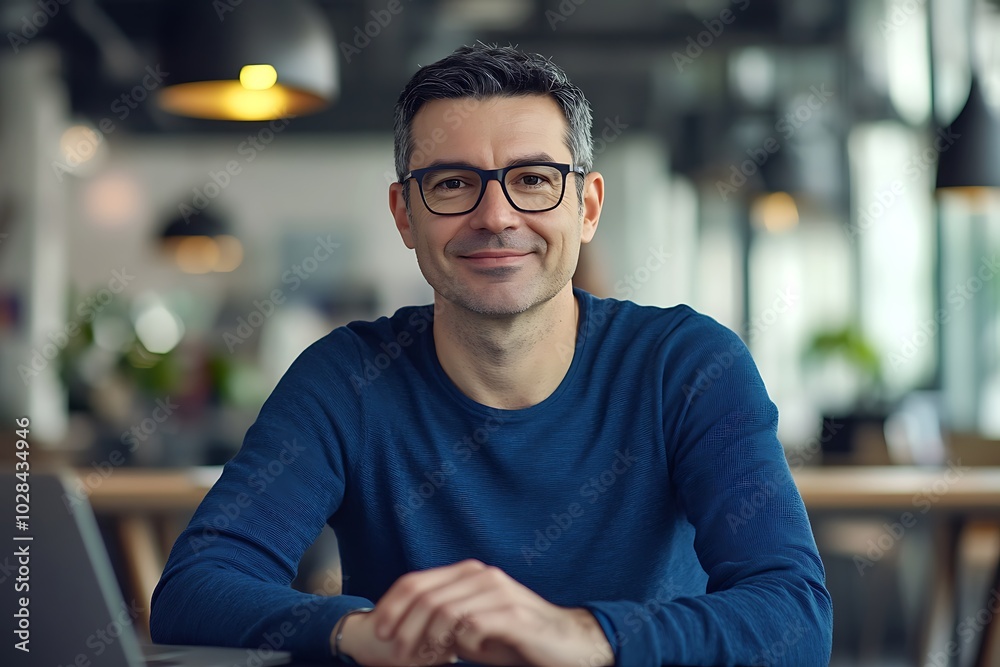 Professional Businessman Smiles Confidently in Modern Office Setting Professional Businessman Smiles Confidently in Modern Office Setting