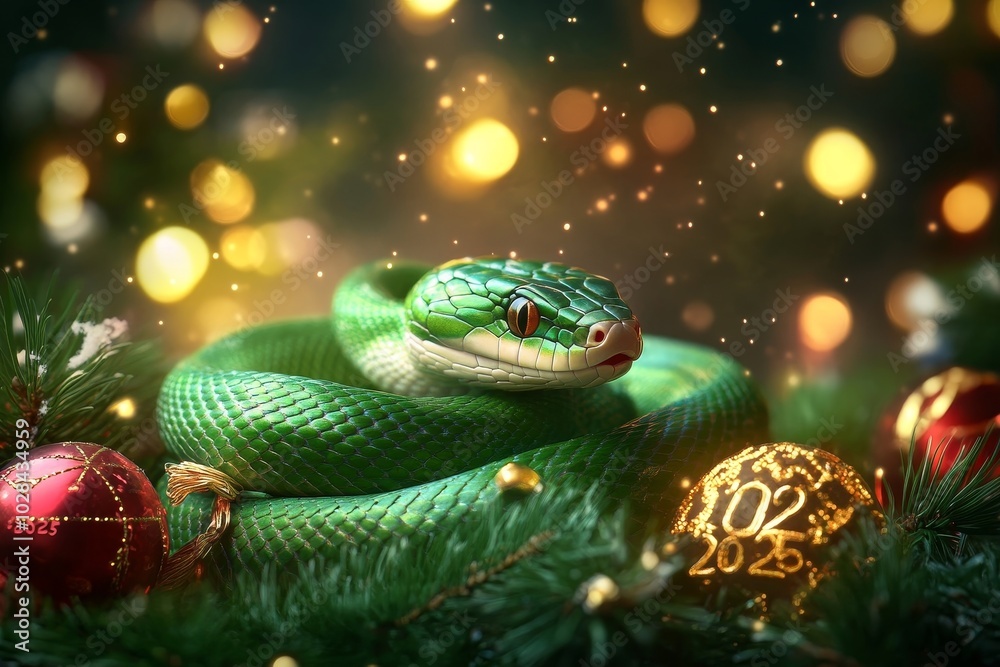 Fototapeta premium Happy new year 2025 green tree snake.