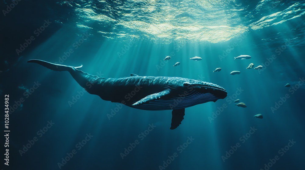 Fototapeta premium A humpback whale swims through the ocean, surrounded by a school of fish.