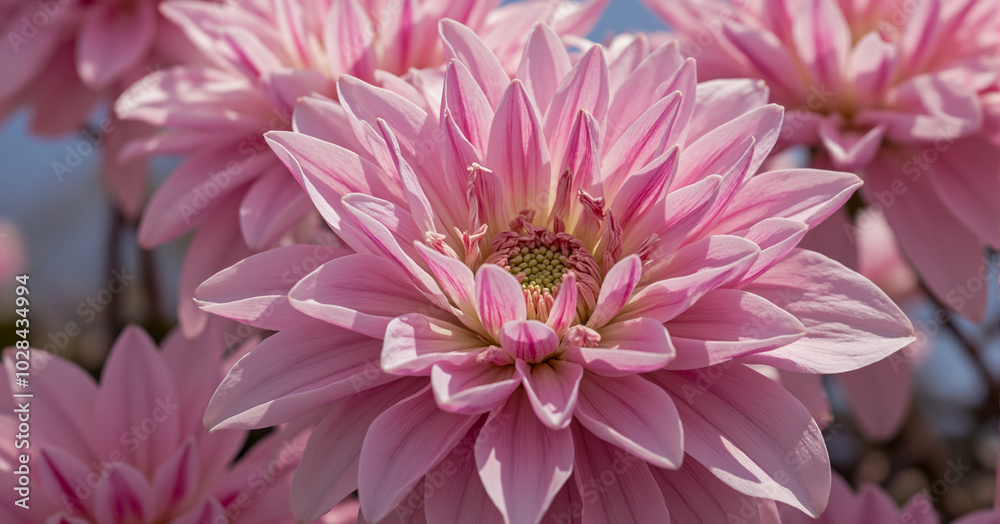 Obraz premium A close-up of soft pink dahlia flowers in full bloom, with delicate petals layered in a symmetrical arrangement, basking in natural sunlight against a blurred garden background