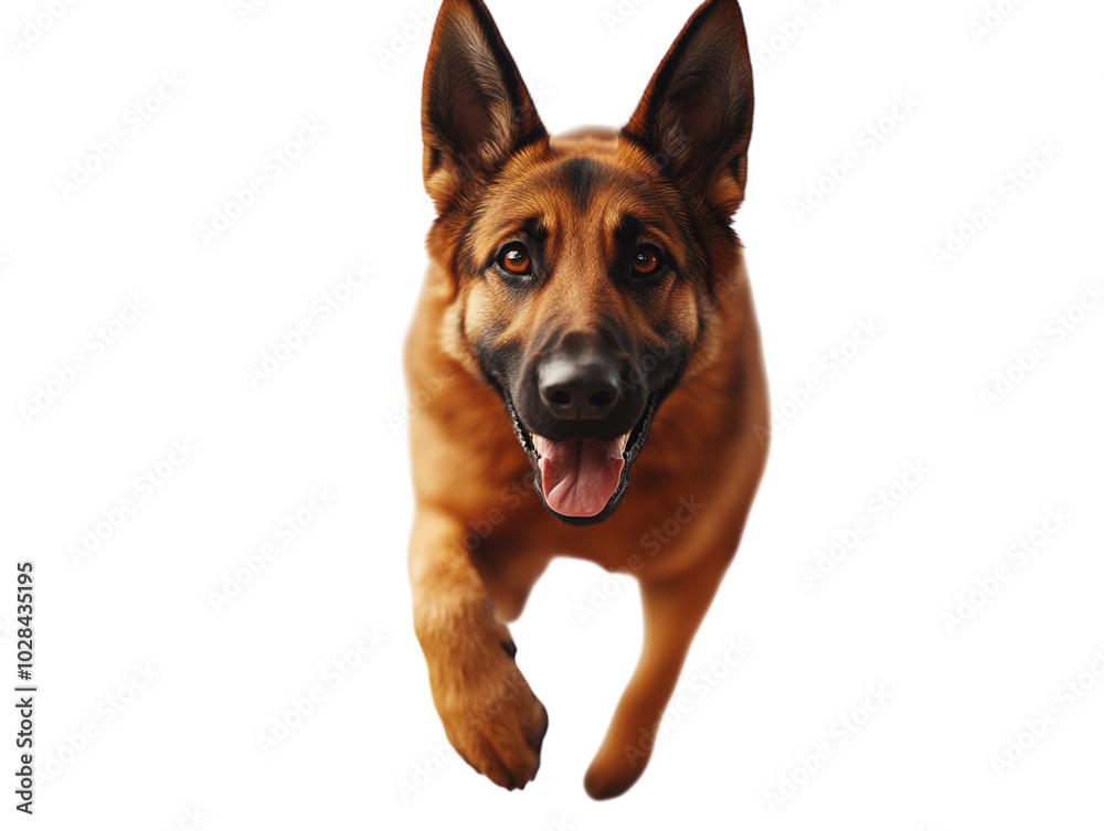 Energetic German shepherd dog running towards the camera, joyful expression. PNG transparent. Energetic German shepherd dog running towards the camera, joyful expression. PNG transparent.
