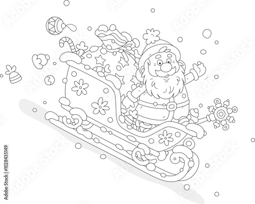 Santa Claus with Christmas gifts in his magic sleigh sliding down a snowy hill