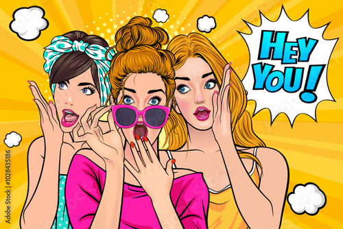 Woman whispering gossip secret to her friend surprise In Retro Vintage Pop Art Comic Style