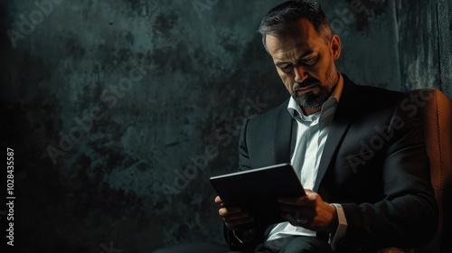 Coaching with businessman holding a tablet computer on a dark vintage background