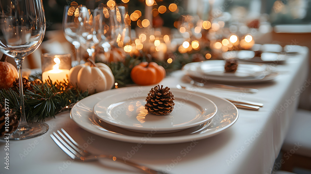 Naklejka premium Beautifully set Thanksgiving dinner table with fall decorations. Generative AI.