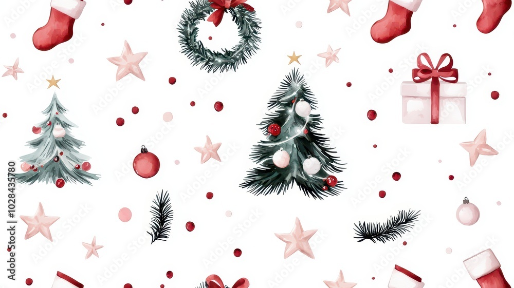 Seamless Watercolor Design of Christmas Tree, Stars, Gifts, Wreath, and Stockings for Holiday Decor Seamless Watercolor Design of Christmas Tree, Stars, Gifts, Wreath, and Stockings for Holiday Decor