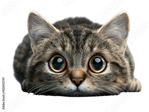 Cute cat lying on the floor with big eyes on a gray background PNG transparent. photo