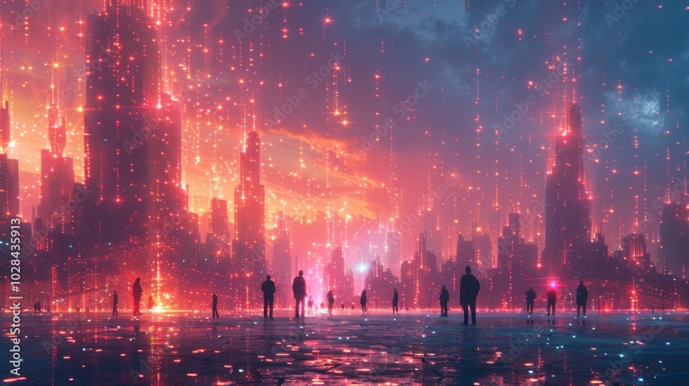 Futuristic Cityscape with Neon Lights and Silhouettes Futuristic Cityscape with Neon Lights and Silhouettes