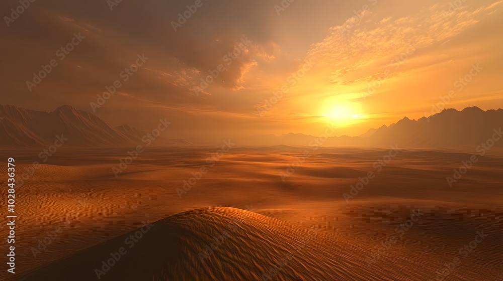 Fototapeta premium 98. A tranquil desert sunset with a wide expanse of sand and distant mountains