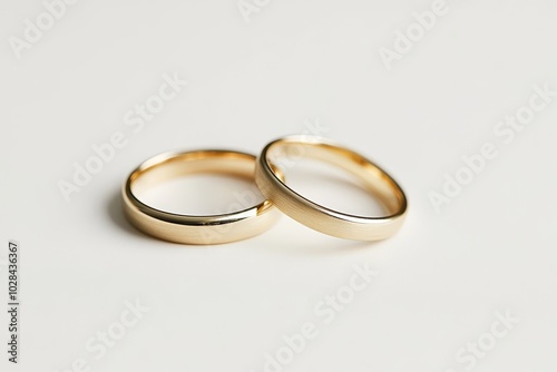 Pair of gold Wedding ring on a white background, close up.