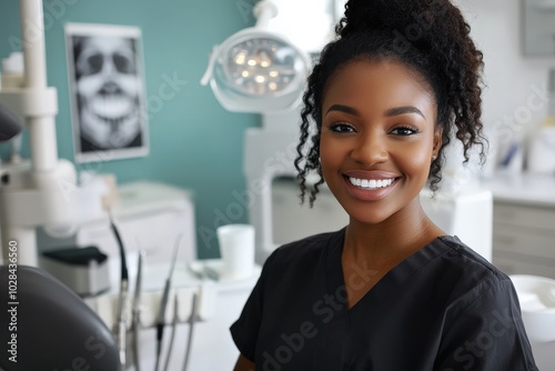 Black Dentist. Portrait of Female Dentist with Beautiful Smile in Dental Office