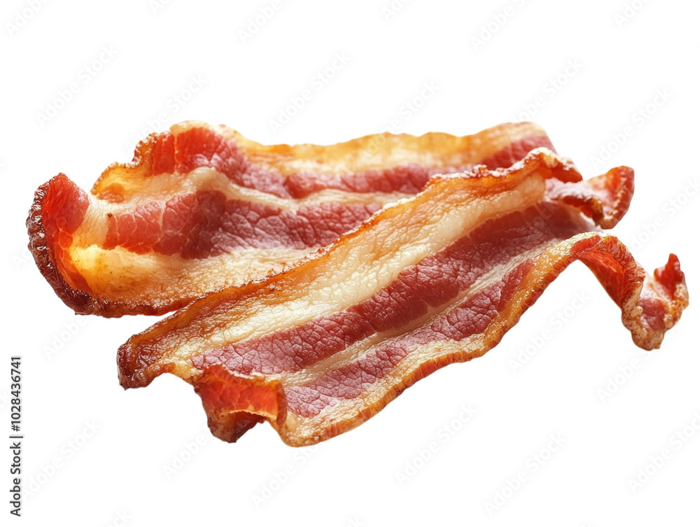 Obraz premium Single crispy strip of cooked bacon, showing rich color and texture, on a white background. PNG transparent.