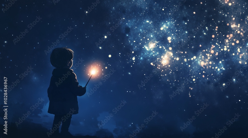 Silhouette of a child holding a sparkler under a starry galaxy sky
