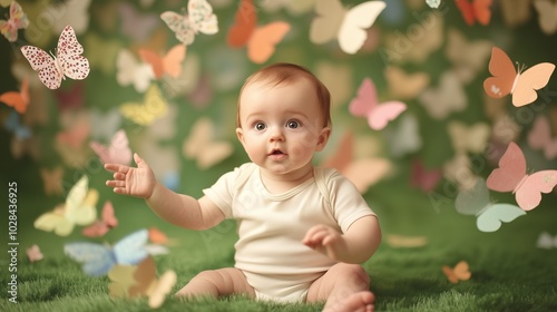 Baby surrounded by colorful butterflies in a magical garden