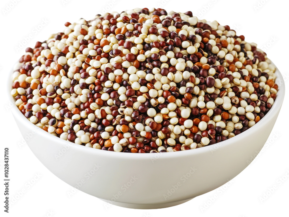 Bowl of cooked quinoa with mixed colors, showing a healthy and nutritious grain, on a white background. PNG transparent.