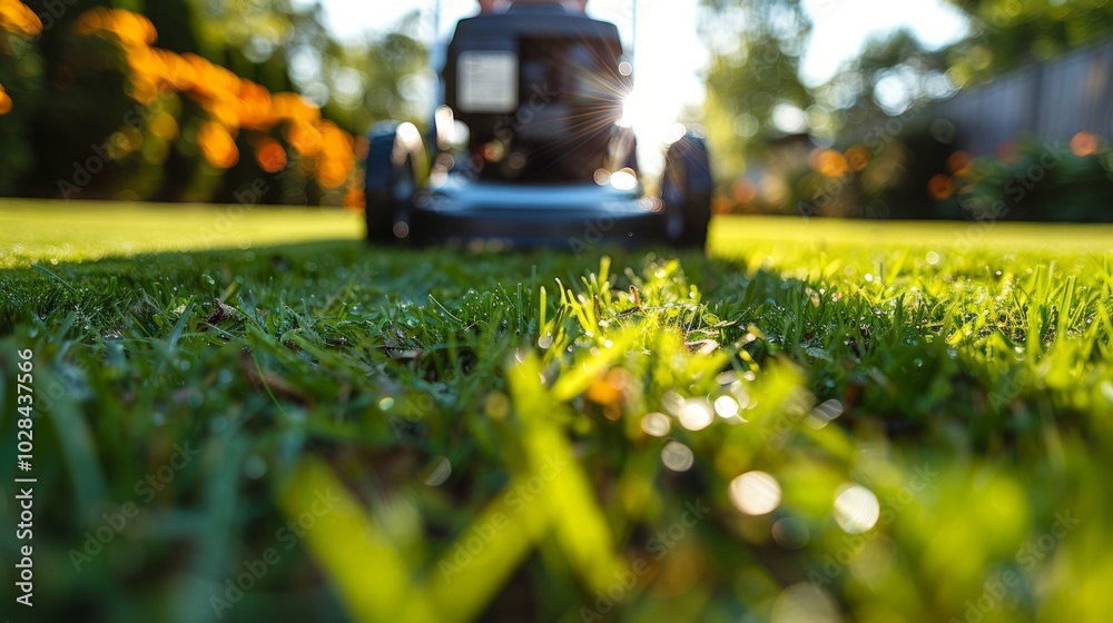 A person uses a lawn mower to cut the grass in a well-maintained garden surrounded by blooming flowers on a sunny evening