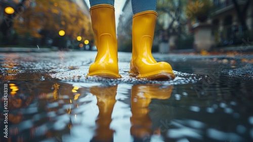 A person wearing bright yellow rubber boots stands in a rainy urban setting, splashing through puddles amidst a vibrant atmosphere