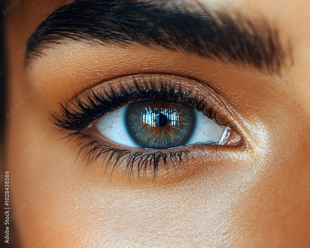 Obraz premium Close up of an eye of a Latin American woman, hazel iris with dark eyelashes and tanned skin