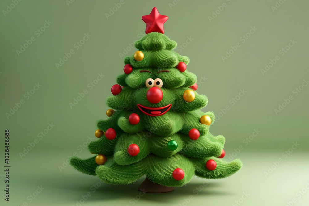 Charming green Christmas tree with 3d character eyes on monotone background, banner, copy space