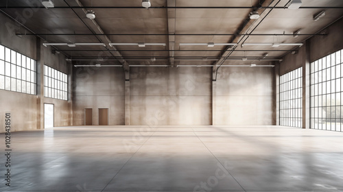 Interior of a vacant warehouse high ceiling with steel