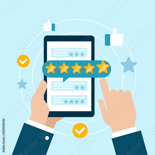 Hand holding a smartphone with customer review ratings vector illustration.