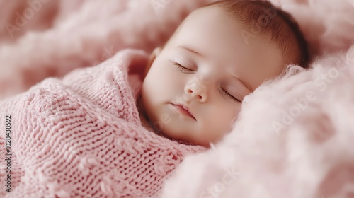 A newborn baby is sleeping peacefully on a pink blanket.