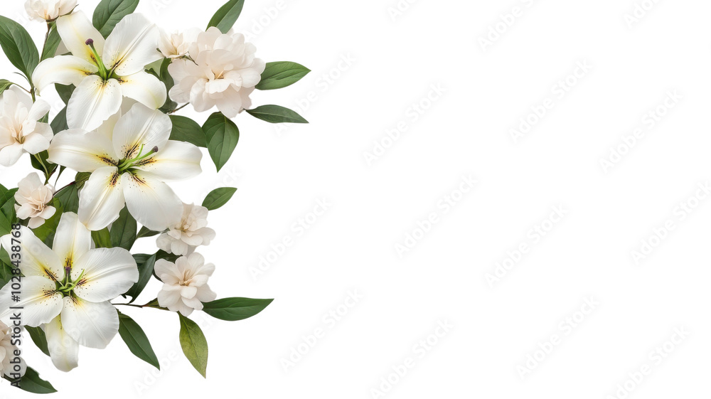 Fototapeta premium Beautiful bouquet of white lilies and soft blossoms with lush green leaves, perfect for decoration and floral designs, transparent background.