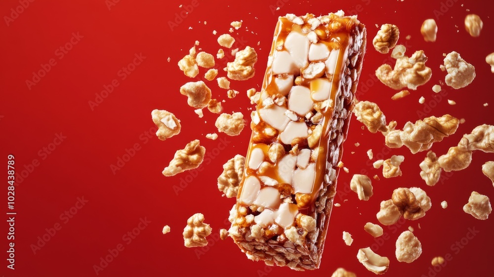 A single granola bar with nuts flying around it against a red background. A single granola bar with nuts flying around it against a red background.