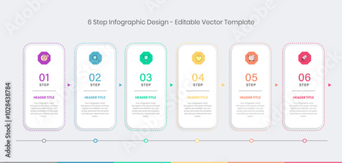 6 step Infographics Design Template, Chart diagram, Graph, Pie chart, workflow layout, vertical rectangle diagram, report, Editable presentation design elements, Process diagram in white background