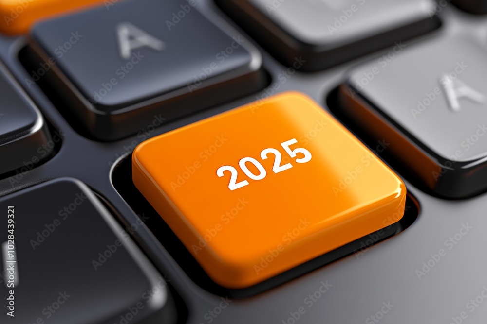 Keyboard with a key that says 2025 on it. The key is orange and is in the middle of the keyboard. Orange start 2025 button on modern keyboard closeup Keyboard with a key that says 2025 on it. The key is orange and is in the middle of the keyboard. Orange start 2025 button on modern keyboard closeup