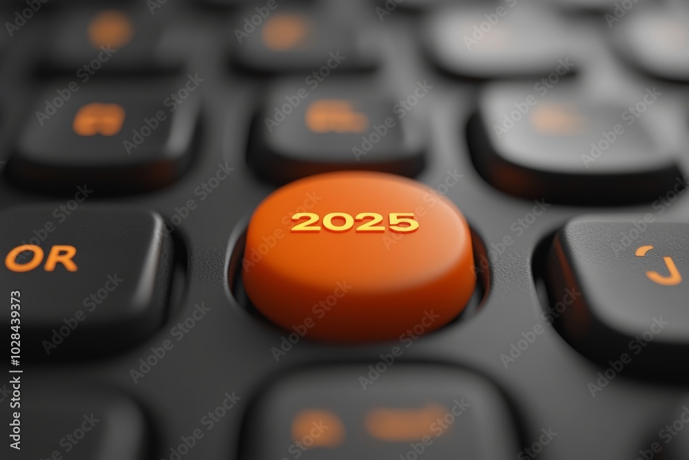 Keyboard with a key that says 2025 on it. The key is orange and is in the middle of the keyboard. Orange start 2025 button on modern keyboard closeup Keyboard with a key that says 2025 on it. The key is orange and is in the middle of the keyboard. Orange start 2025 button on modern keyboard closeup