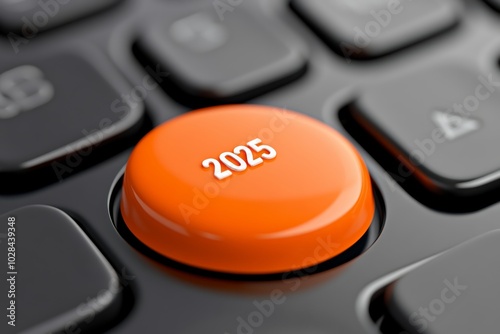 Keyboard with a key that says 2025 on it. The key is orange and is in the middle of the keyboard. Orange start 2025 button on modern keyboard closeup