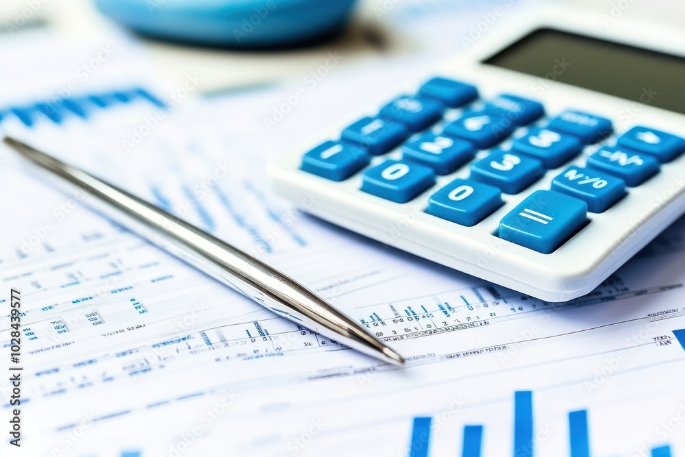 Close up shot of a calculator, pen, and financial data on a desk. Close up shot of a calculator, pen, and financial data on a desk.