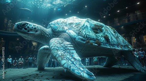 A large sea turtle swims in an aquarium, watched by people photo