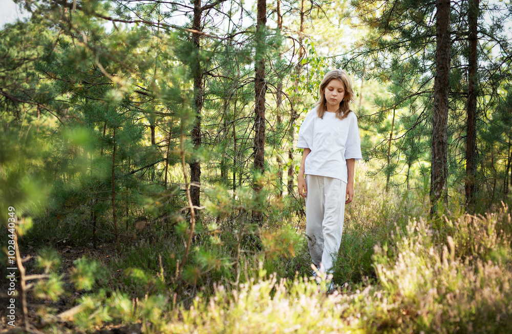 A child exploring a serene forest trail on a sunny day, surrounded by lush trees and greenery in nature's beauty A child exploring a serene forest trail on a sunny day, surrounded by lush trees and greenery in nature's beauty